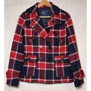 American Eagle Womens Small Red Peacoat Wool Double Breasted Lined Anchor Button